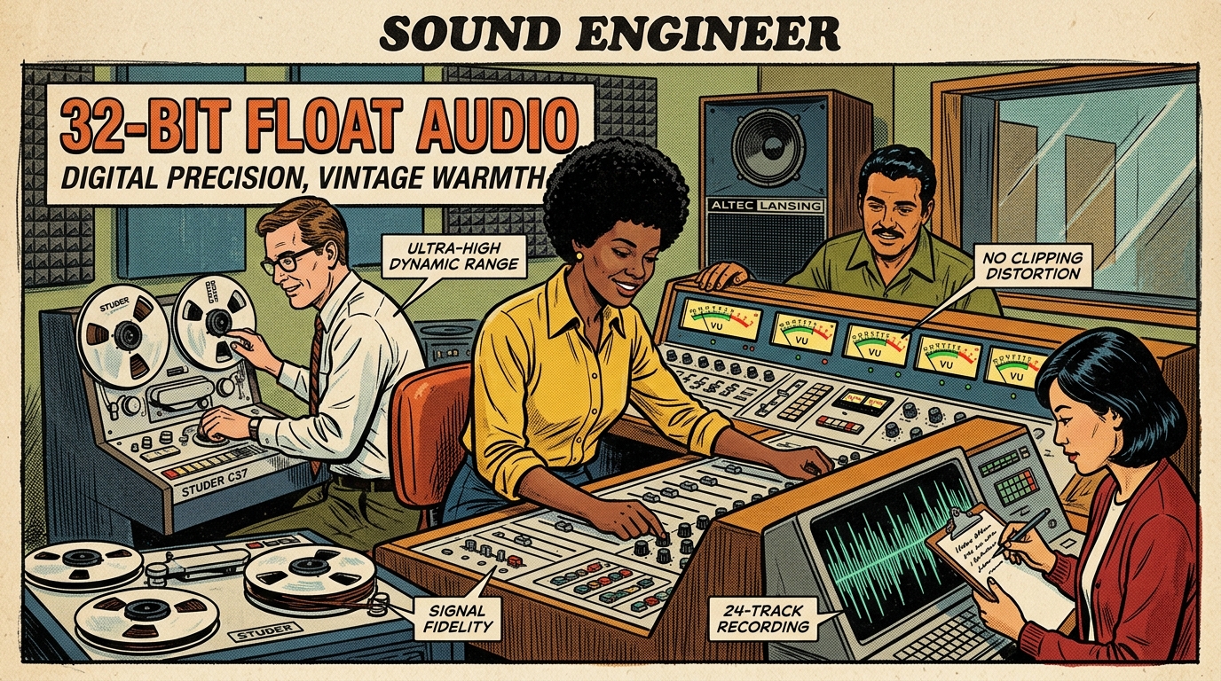 A 1960s mid-century comic book style editorial illustration depicting sound engineers operating 32-bit float audio recorders without digital clipping distortion.