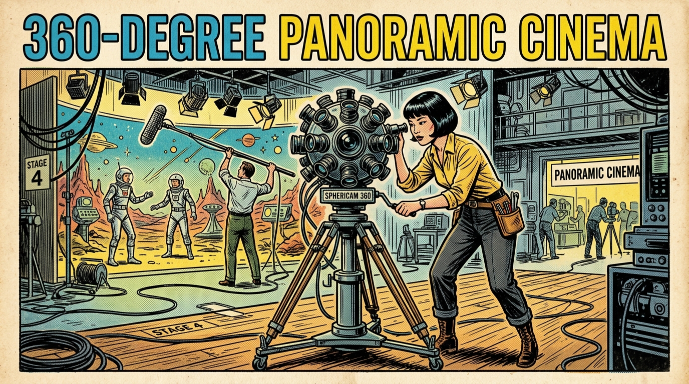 A 1960s mid-century comic book style editorial illustration showing a cinematographer operating a spherical 360-degree multi-lens camera array on a studio film set.