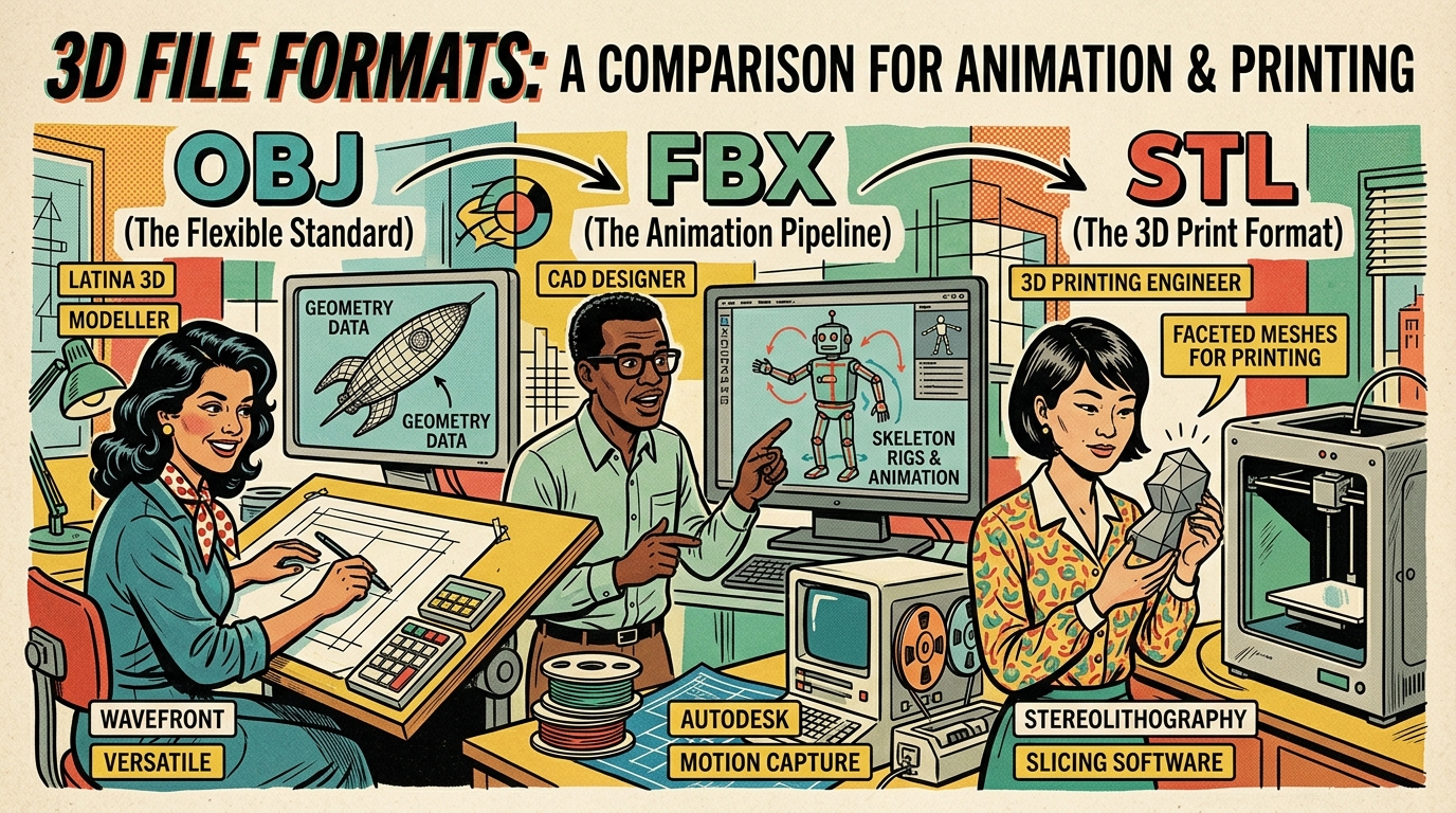 A 1960s mid-century comic book style editorial illustration comparing 3D graphics file formats OBJ, FBX, and STL across wireframe mesh rendering and 3D printing workstations.