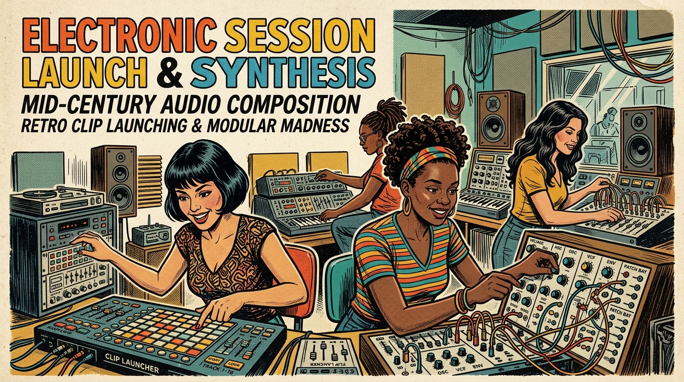 A 1960s mid-century comic book style editorial illustration depicting music producers composing electronic tracks with clip matrix controllers and modular synthesizers.