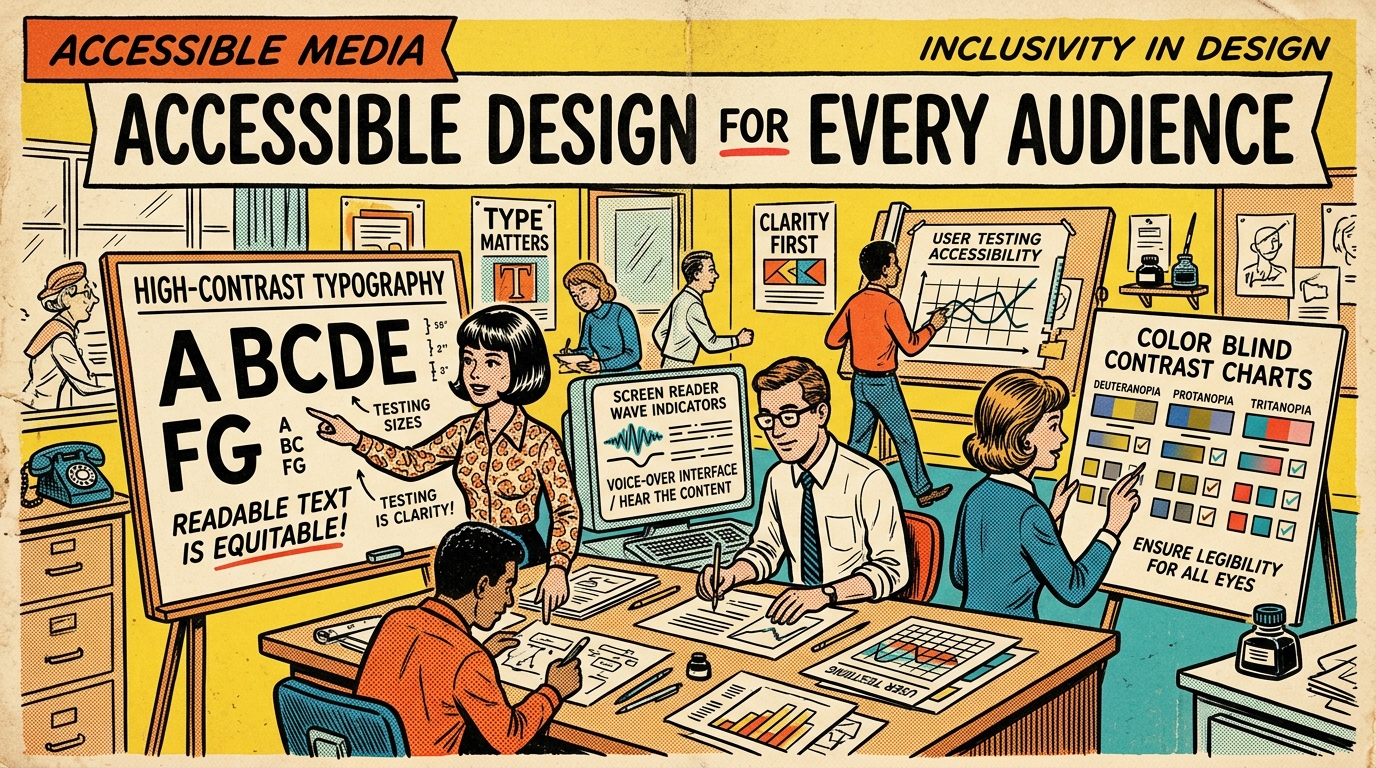 A 1960s mid-century comic book style editorial illustration illustrating accessible visual design principles, color contrast verification charts, readable typography, and screen reader compatibility.