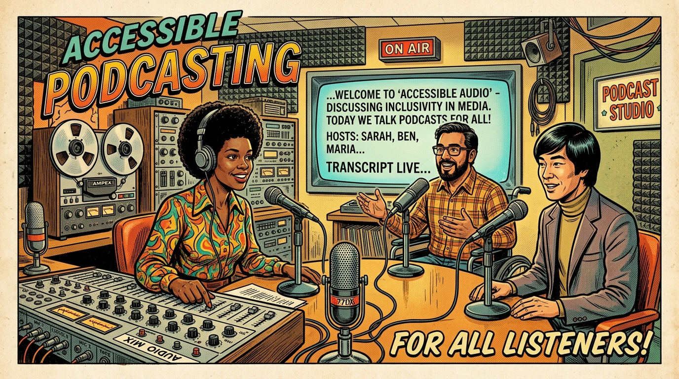 A 1960s mid-century comic book style editorial illustration depicting a podcast recording session with real-time transcript displays and accessible studio controls.