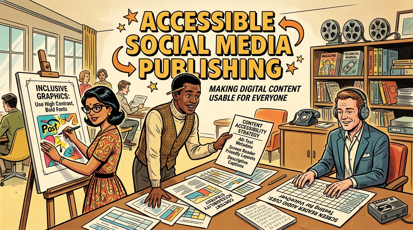A 1960s mid-century comic book style editorial illustration showing graphic designers and social strategists testing screen-reader compatibility and image alt-text metadata.