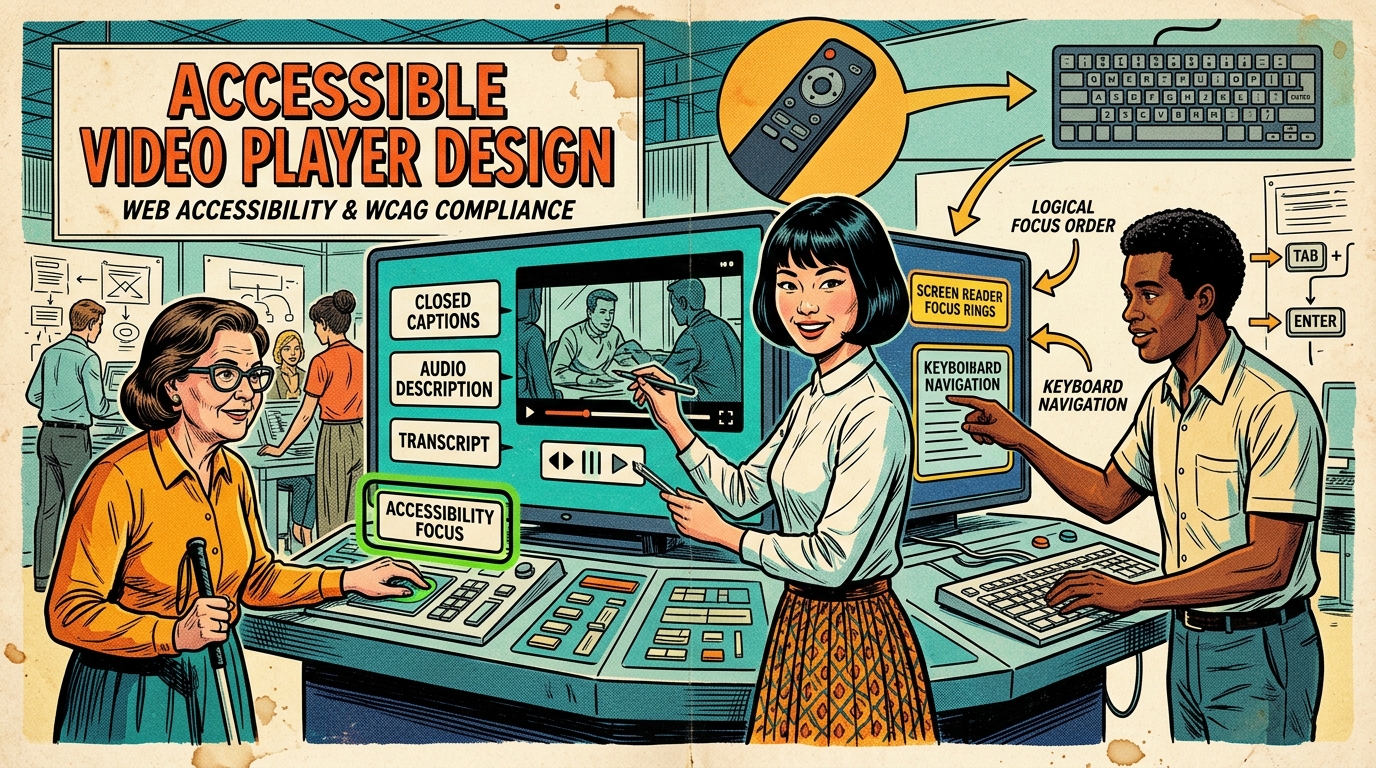 A 1960s mid-century comic book style editorial illustration showing web developers and accessibility testers designing media player controls with closed captions and audio description features.