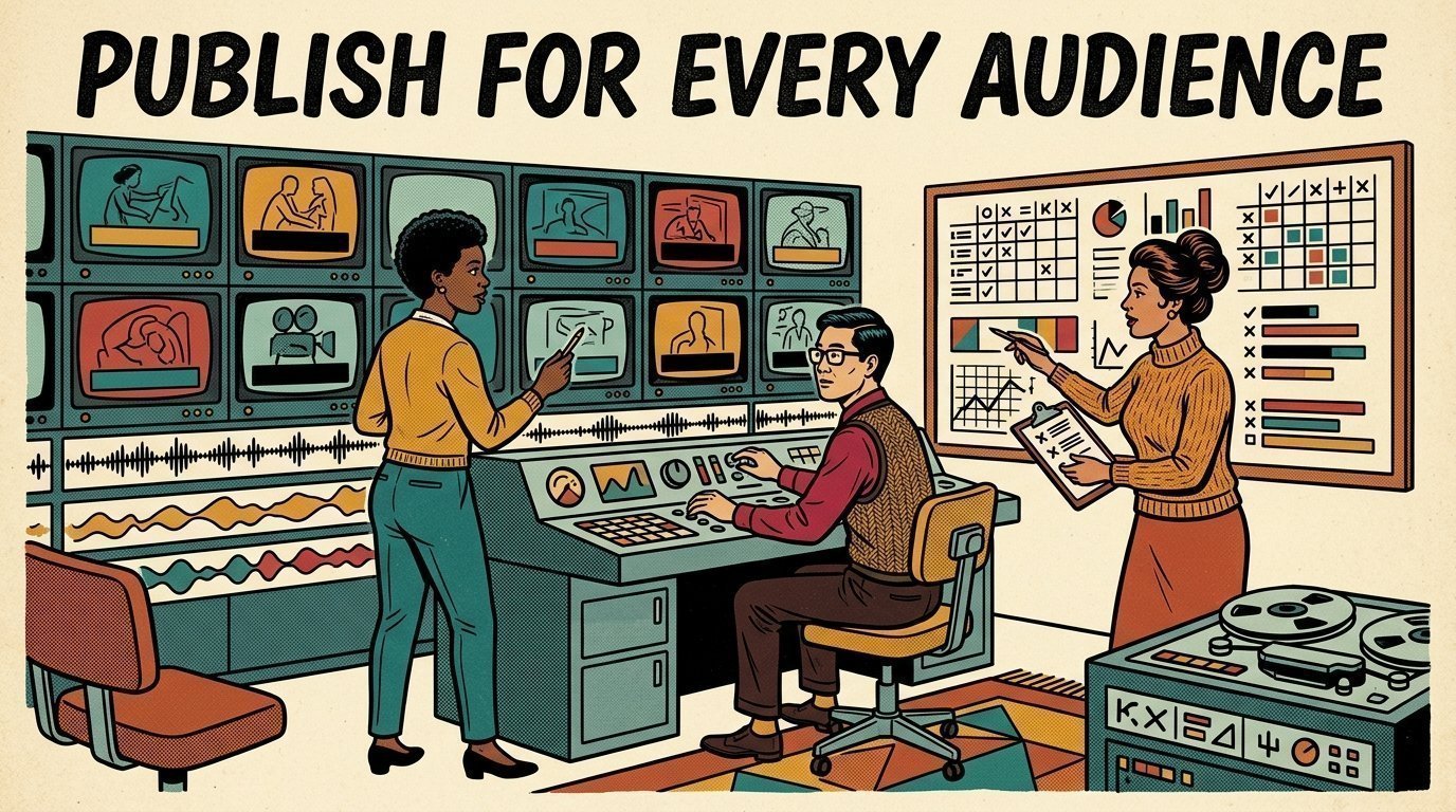 A 1960s mid-century comic book style editorial illustration of an accessibility team auditing captions, transcripts and audio description across a catalogue of published video and embedded players.