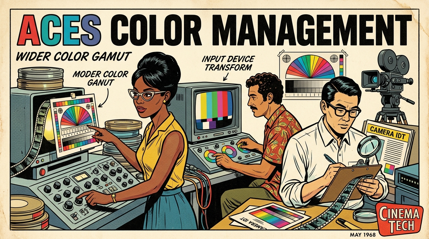 A 1960s mid-century comic book style editorial illustration showing colorists calibrating wide-gamut ACES color transforms across camera input and display output profiles.
