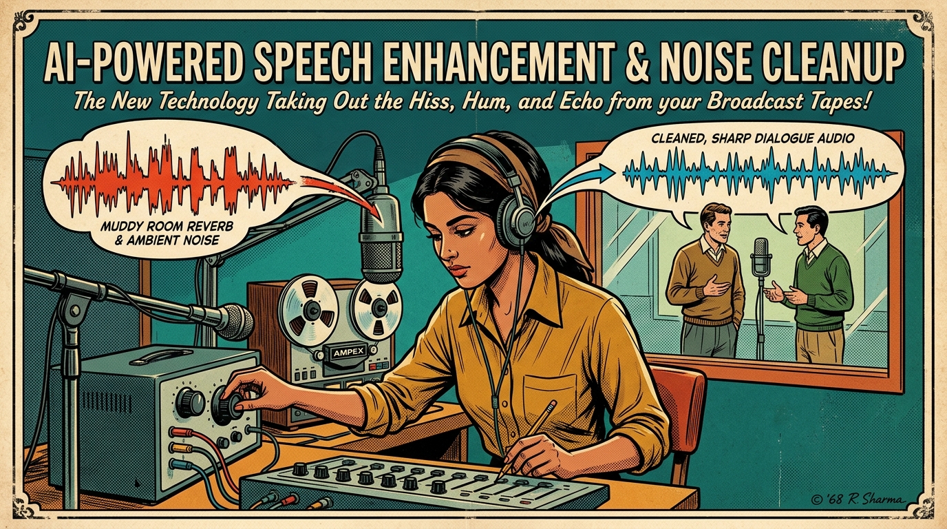 A 1960s mid-century comic book style editorial illustration depicting a podcast producer enhancing dialogue clarity and removing room echo and ambient noise.