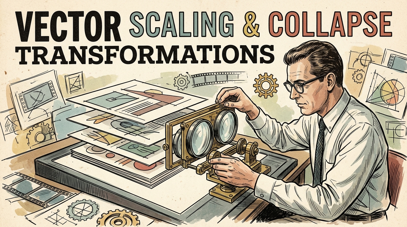 A 1960s mid-century editorial illustration of an animator adjusting optical glass magnifying lenses over stacked vector graphic layers for After Effects Collapse Transformations.