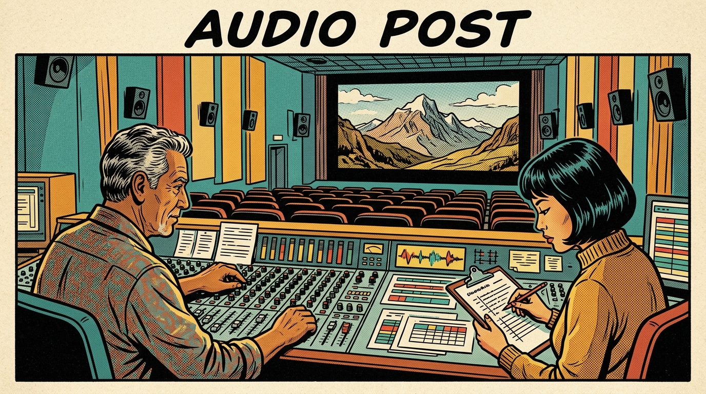 A 1960s mid-century comic book style editorial illustration showing a cinema dubbing stage from the back, with empty tiered seats, a large screen showing a mountain landscape, and two people at a long mixing console adjusting faders and reading a clipboard.