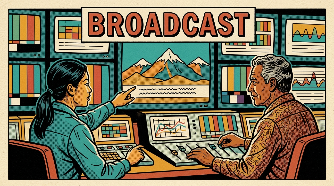 A 1960s mid-century comic book style editorial illustration showing a television control room with a wall of monitors, one showing a mountain landscape with a line of caption text beneath it, and two people at a desk of faders and screens.