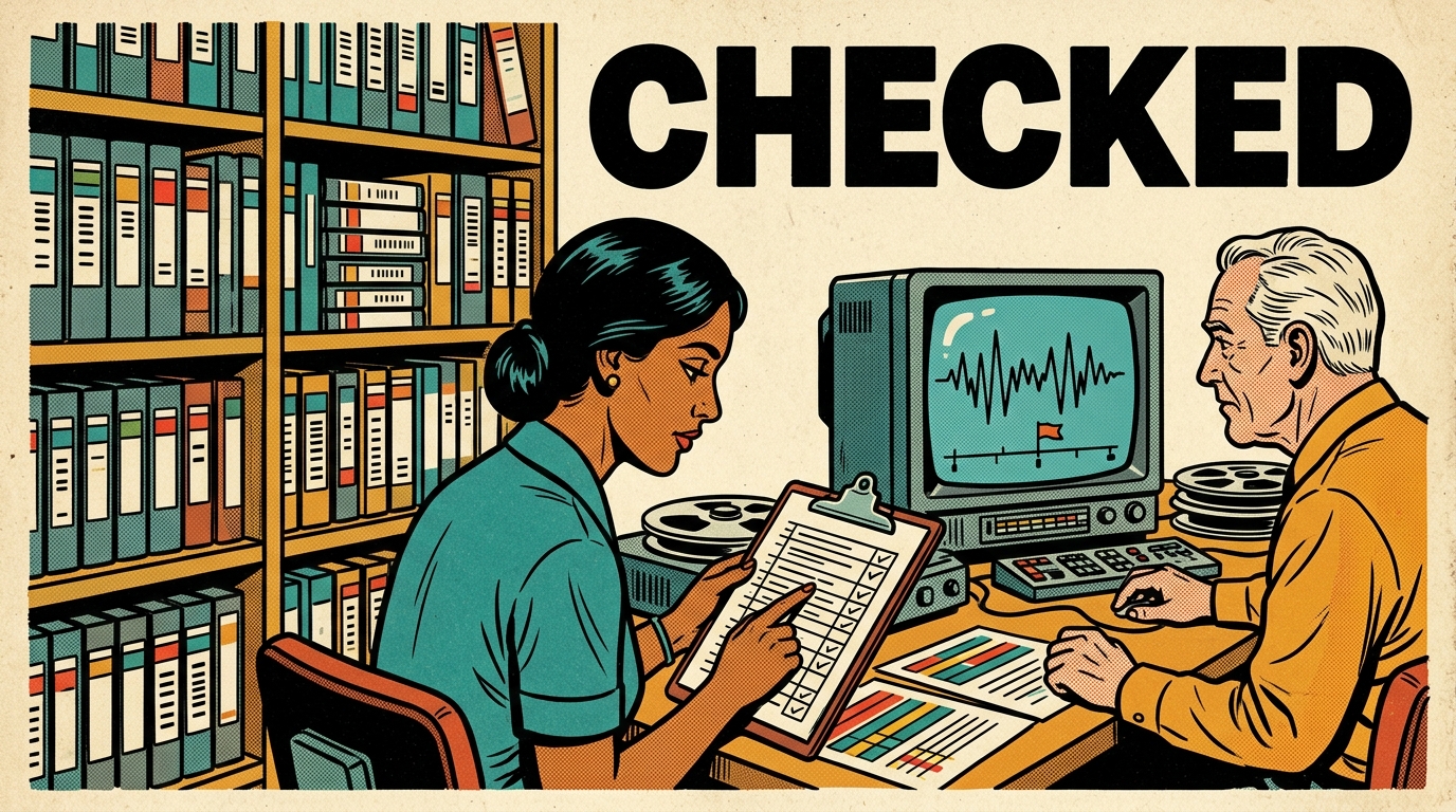 A 1960s mid-century comic book style editorial illustration showing a media library with shelves of tape cases, one person running a finger down a checklist and another watching a monitor with a waveform and a flag marker on a timeline.