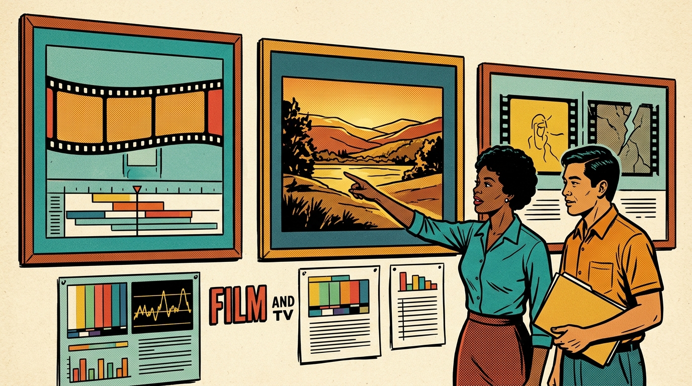 A 1960s mid-century comic book style editorial illustration showing a film cutting room with a large editing screen showing a mountain landscape on a timeline, a rack of film reels, and two people reviewing a strip of film against the screen.