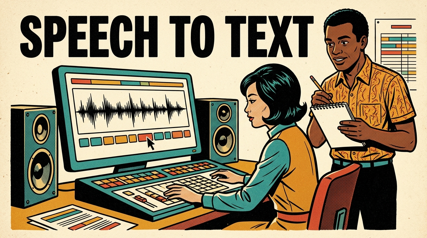 A 1960s mid-century comic book style editorial illustration showing a dialogue editor at a large screen where a strip of word blocks sits beneath an audio waveform with one group highlighted, while a colleague holds a notebook ready to proofread.