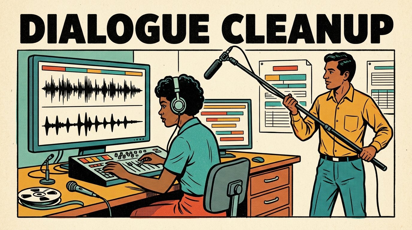 A 1960s mid-century comic book style editorial illustration showing a sound editor at a desk with headphones, comparing a cluttered speech waveform with a clean one on a monitor while a colleague holds a boom microphone.