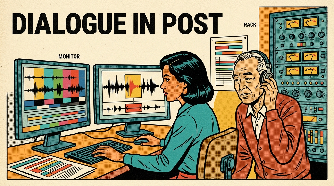 A 1960s mid-century comic book style editorial illustration showing a dialogue editing suite where one person edits a speech waveform on a monitor beside a rack of hardware units while a colleague listens on headphones.