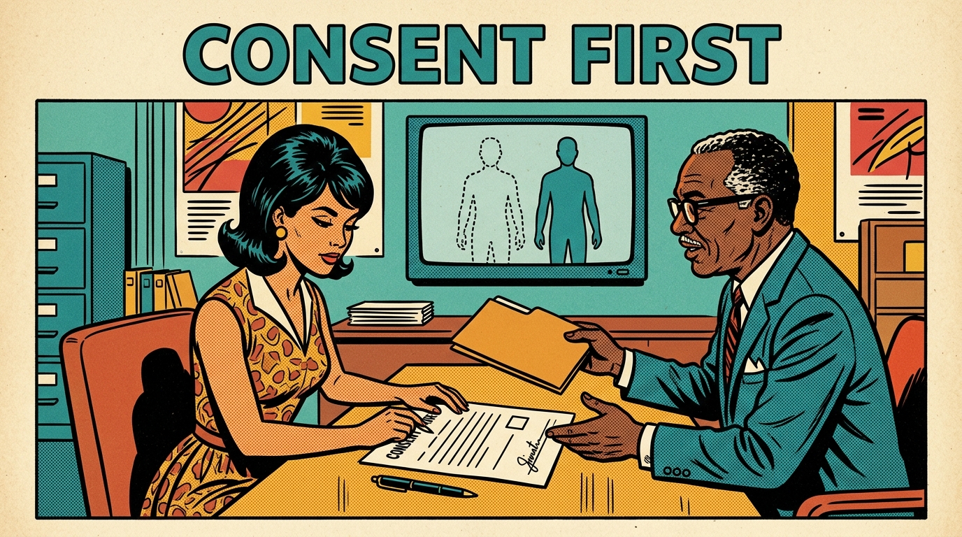A 1960s mid-century comic book style editorial illustration showing a performer reading a consent form across a desk from a producer holding a folder, with a screen behind them showing a dotted outline of a figure beside a solid one.