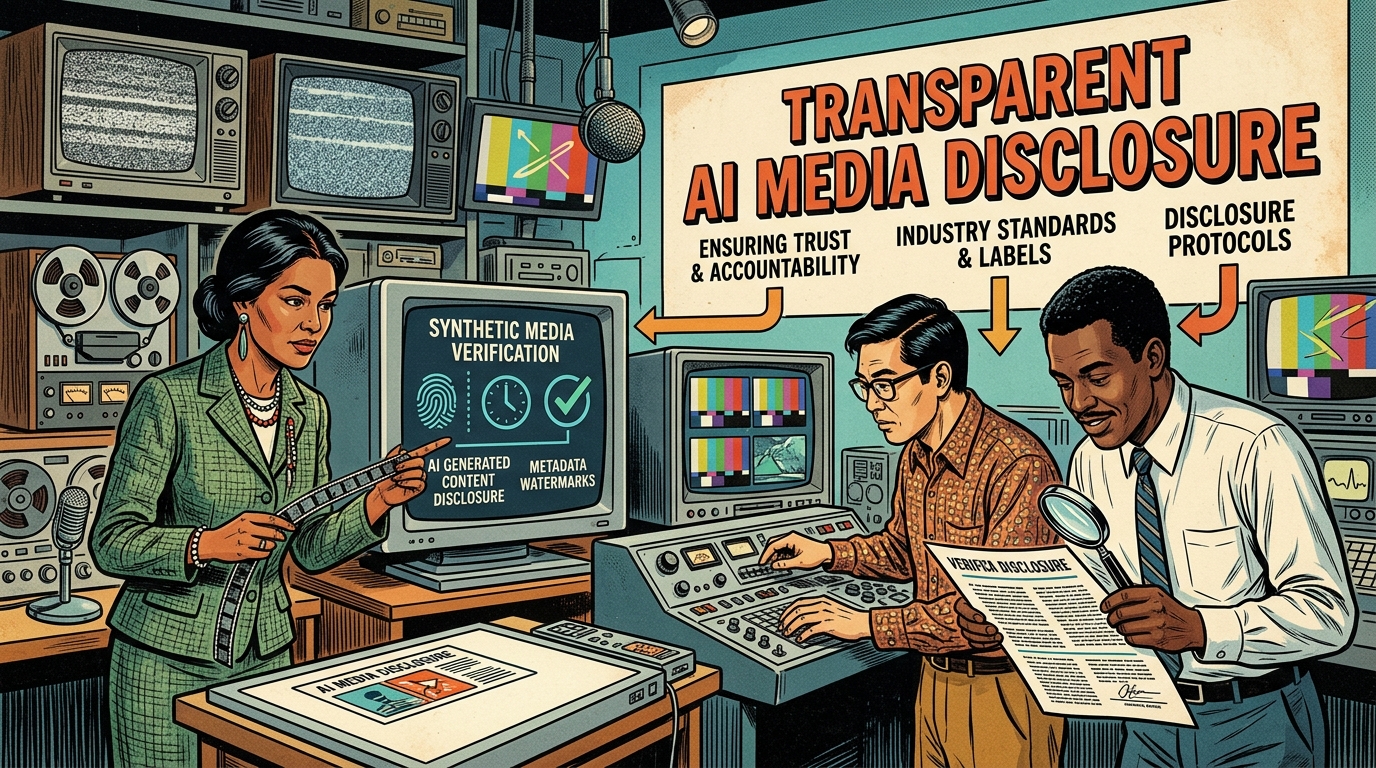 A 1960s mid-century comic book style editorial illustration depicting video editors and legal reviewers inspecting synthetic media disclosure badges and metadata watermarks.