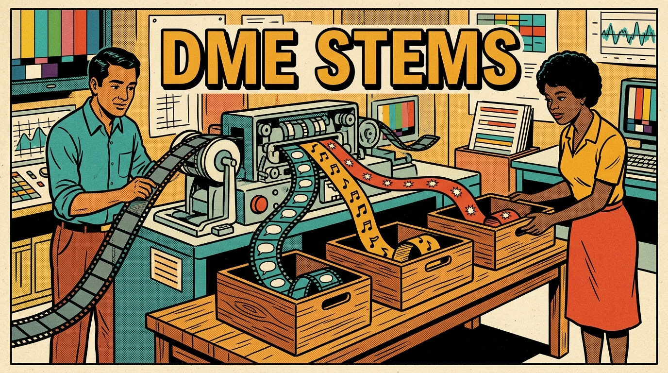 A 1960s mid-century comic book style editorial illustration showing a film strip splitting inside a machine into three coloured ribbons carrying speech, musical notes and starbursts into three bins, while one person feeds the strip and another inspects a bin.