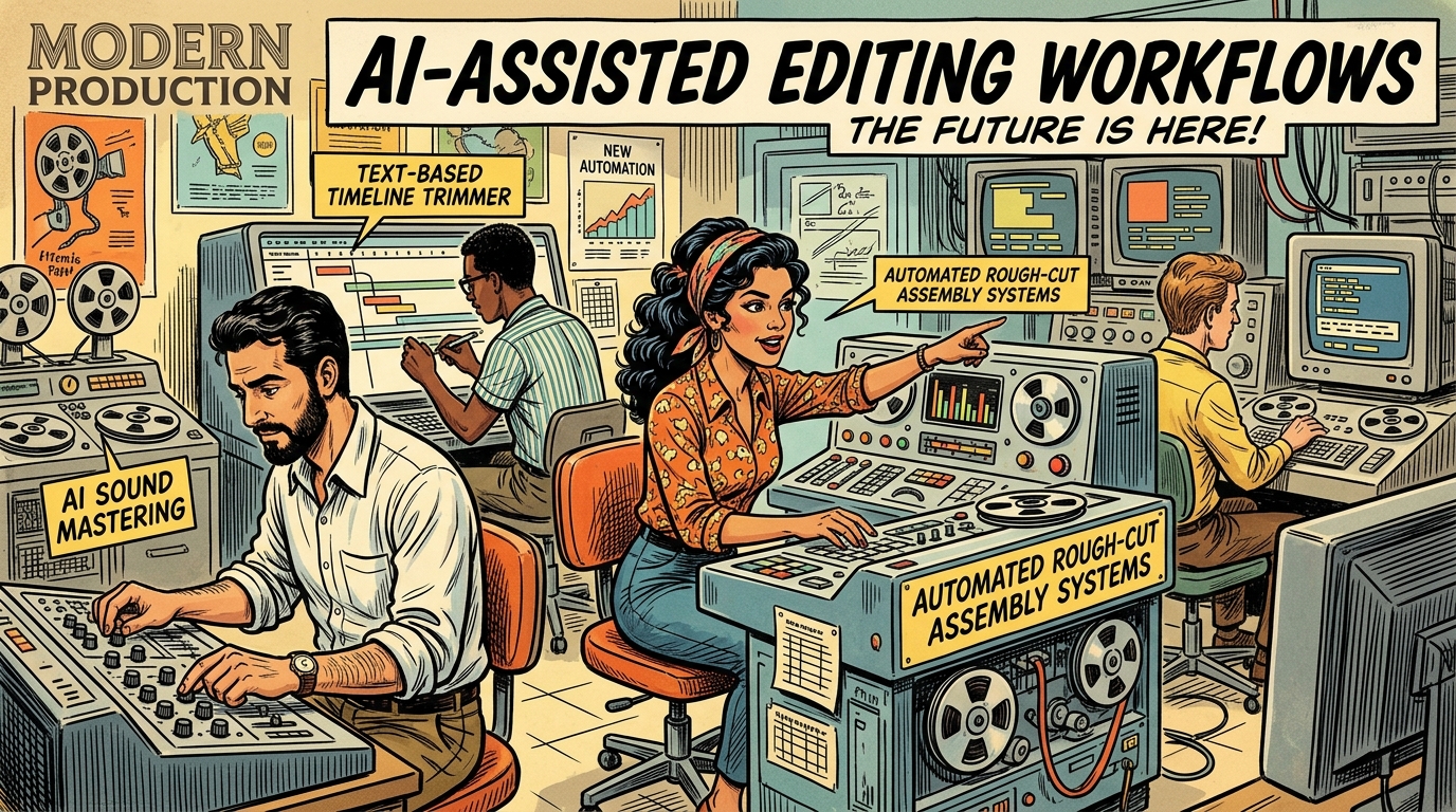 A 1960s mid-century comic book style editorial illustration showing video editors operating automated rough-cut assembly tools and text-based editing timelines.