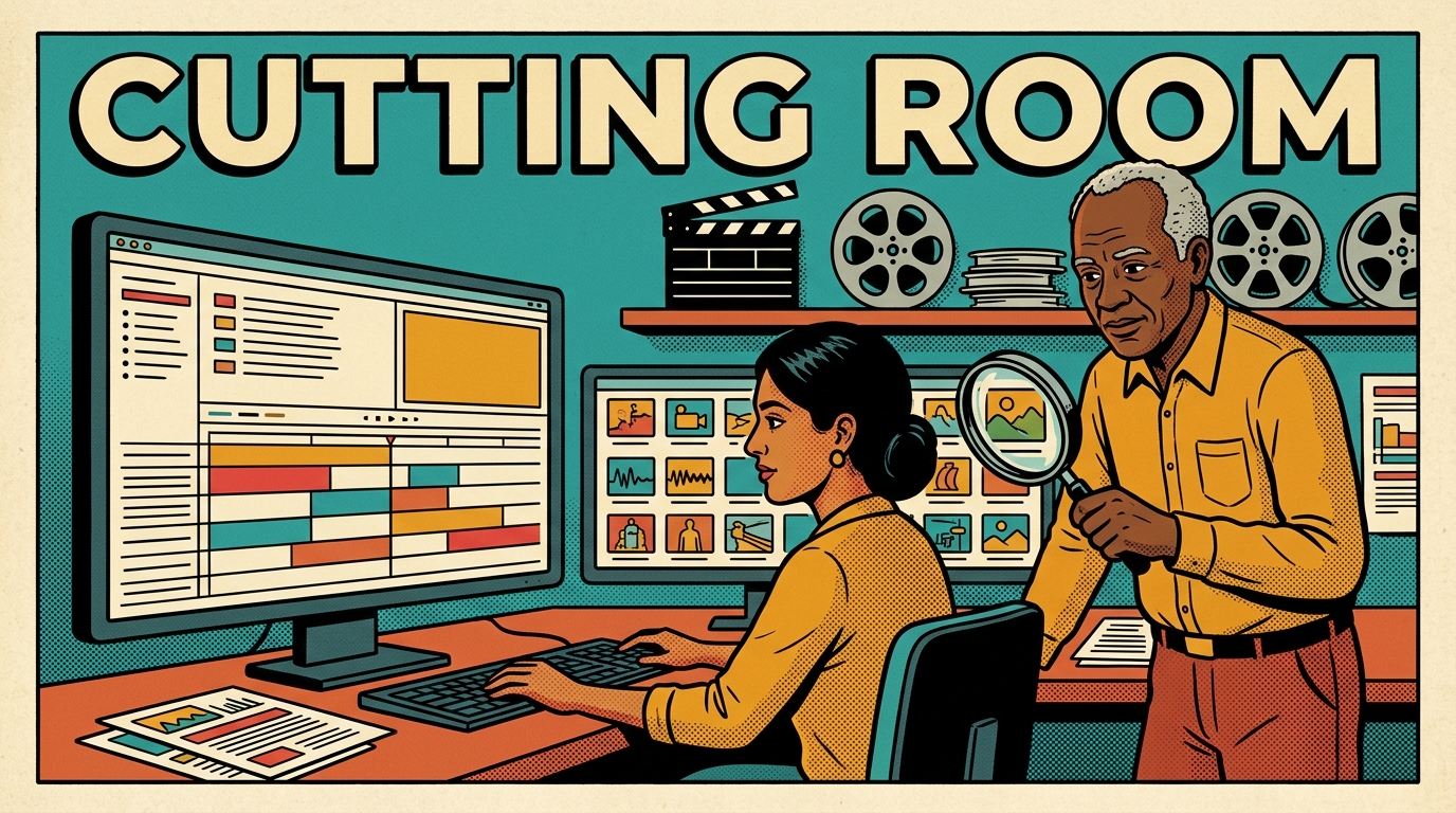A 1960s mid-century comic book style editorial illustration showing a film cutting room where an editor works at a wide timeline while an assistant holds a magnifying glass over one thumbnail in a grid of pictures, with film reels on a shelf behind.