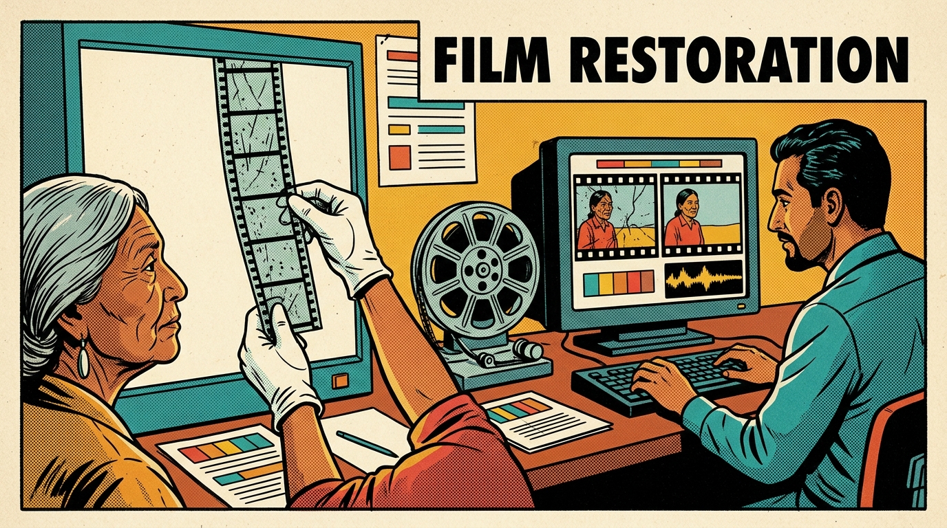 A 1960s mid-century comic book style editorial illustration showing a film restoration bench with a light box, a scratched film strip, a reel on a rewind arm and a monitor comparing a damaged frame with a clean one, while one person in white gloves holds the strip to the light.