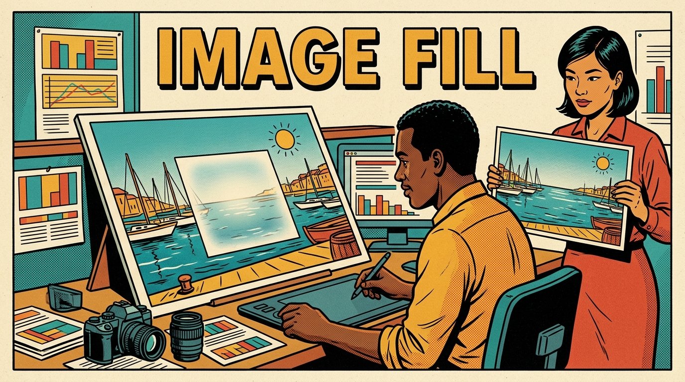 A 1960s mid-century comic book style editorial illustration showing a photographer with a stylus and tablet filling a gap in a harbour photograph with sea and sky, while a colleague holds up the untouched original print to compare.