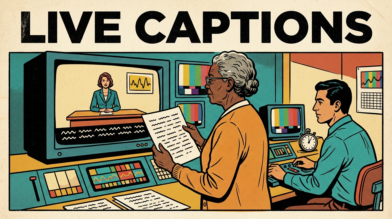 A 1960s mid-century comic book style editorial illustration showing two people in a broadcast gallery, one holding a printed sheet and the other watching a monitor with a presenter and a band of wavy lines beneath, with a stopwatch beside a second screen.