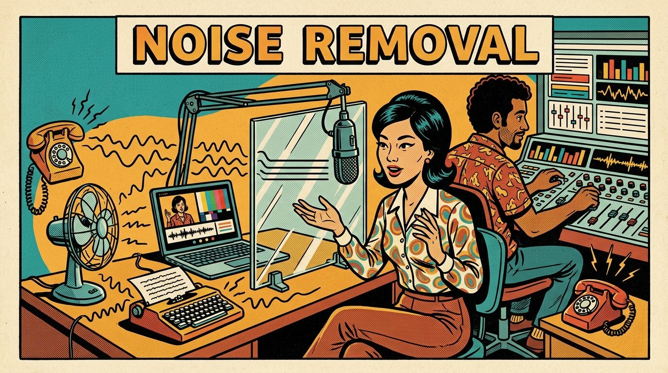 A 1960s mid-century comic book style editorial illustration showing a presenter at a boom microphone during a live stream, with a fan, keyboard and telephone noise lines stopped by a glass screen while a second person adjusts a mixing panel.