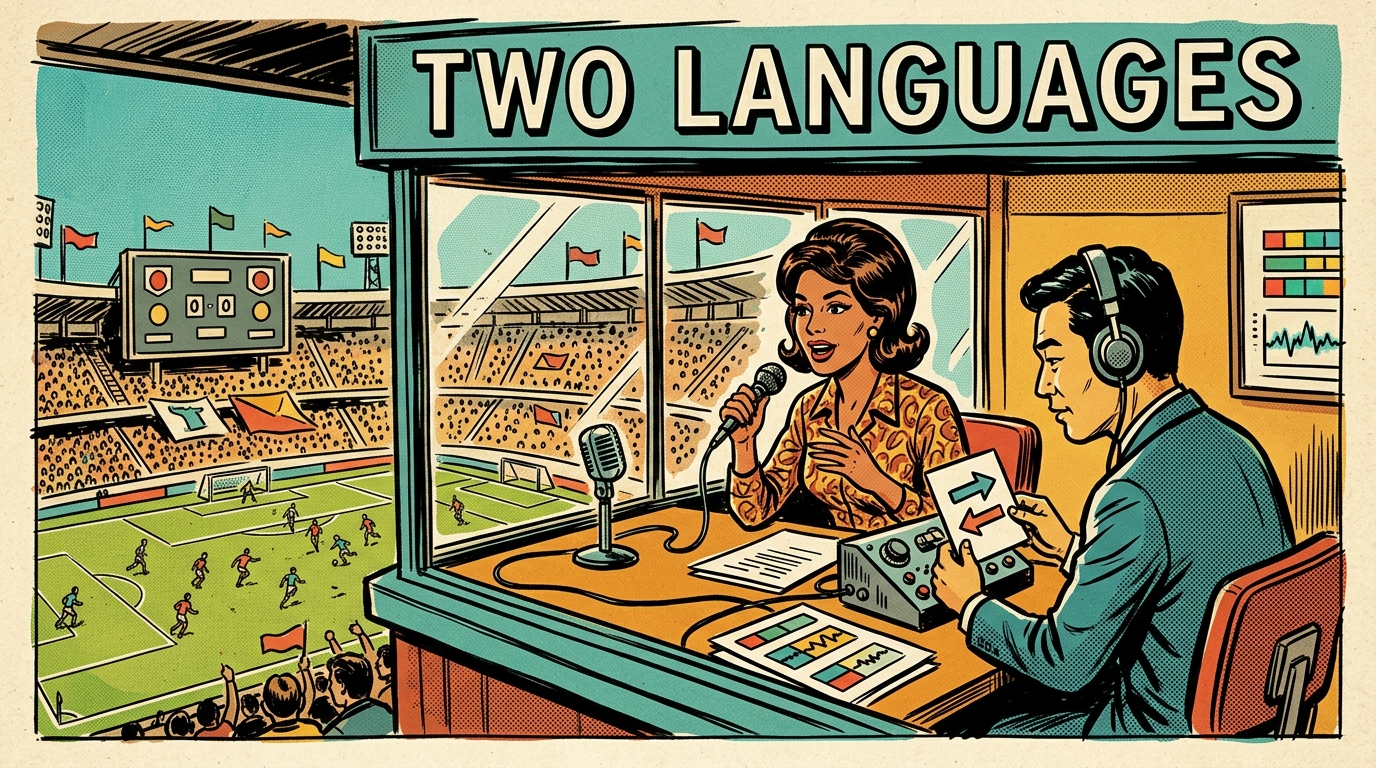 A 1960s mid-century comic book style editorial illustration showing a commentary box above a stadium, one person speaking into a microphone and another in headphones holding a card with a two-way arrow.