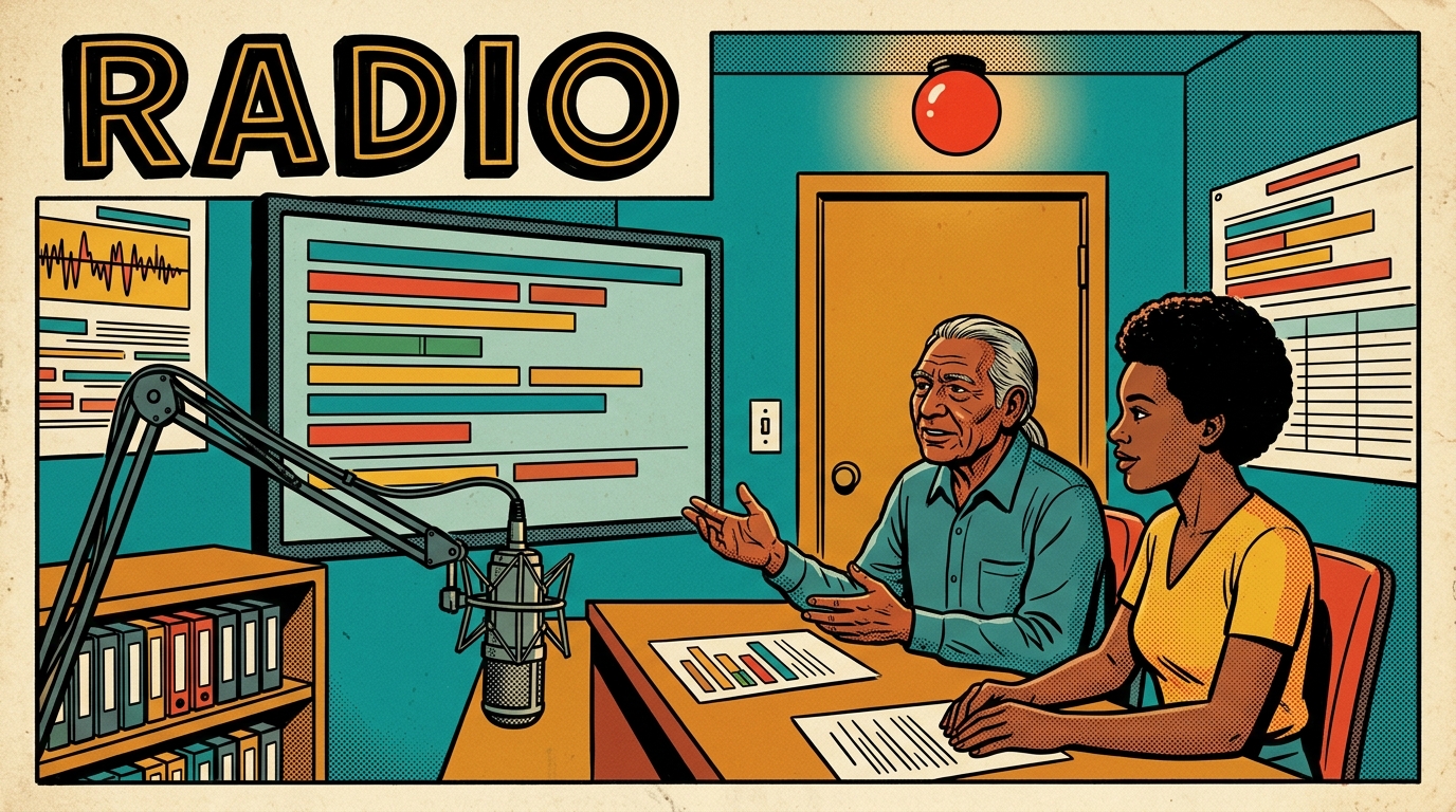 A 1960s mid-century comic book style editorial illustration showing a radio studio with a microphone on a boom arm, a shelf of binders, a red lamp above a door, and two people at a desk looking at a screen of a playlist drawn as coloured bars.