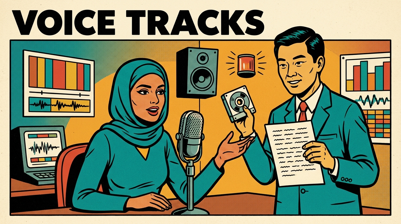 A 1960s mid-century comic book style editorial illustration showing a radio presenter speaking into a microphone while a colleague holds up a tape cartridge and a sheet of wavy lines, with a loudspeaker and an on-air lamp behind them.