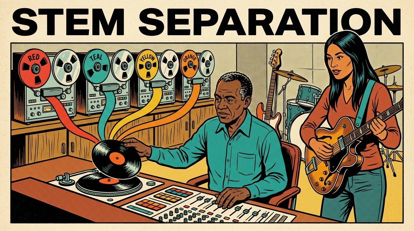 A 1960s mid-century comic book style editorial illustration showing a music producer at a console as a single record splits into four coloured ribbons of sound that run onto separate tape reels, while a guitarist looks on.