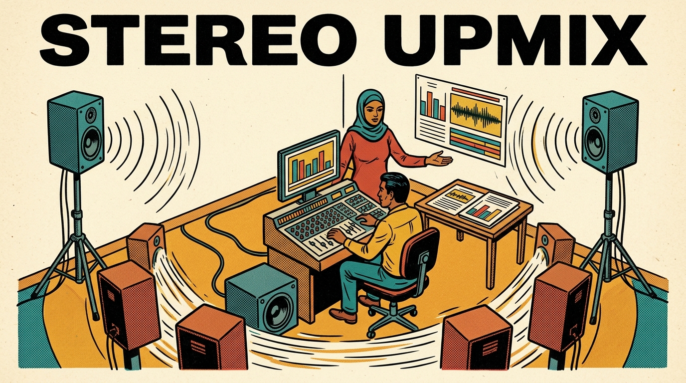 A 1960s mid-century comic book style editorial illustration showing a small mixing room where the sound from two front speakers fans out into a ring of seven speakers and a subwoofer, with one person at the console and another gesturing toward the speakers.