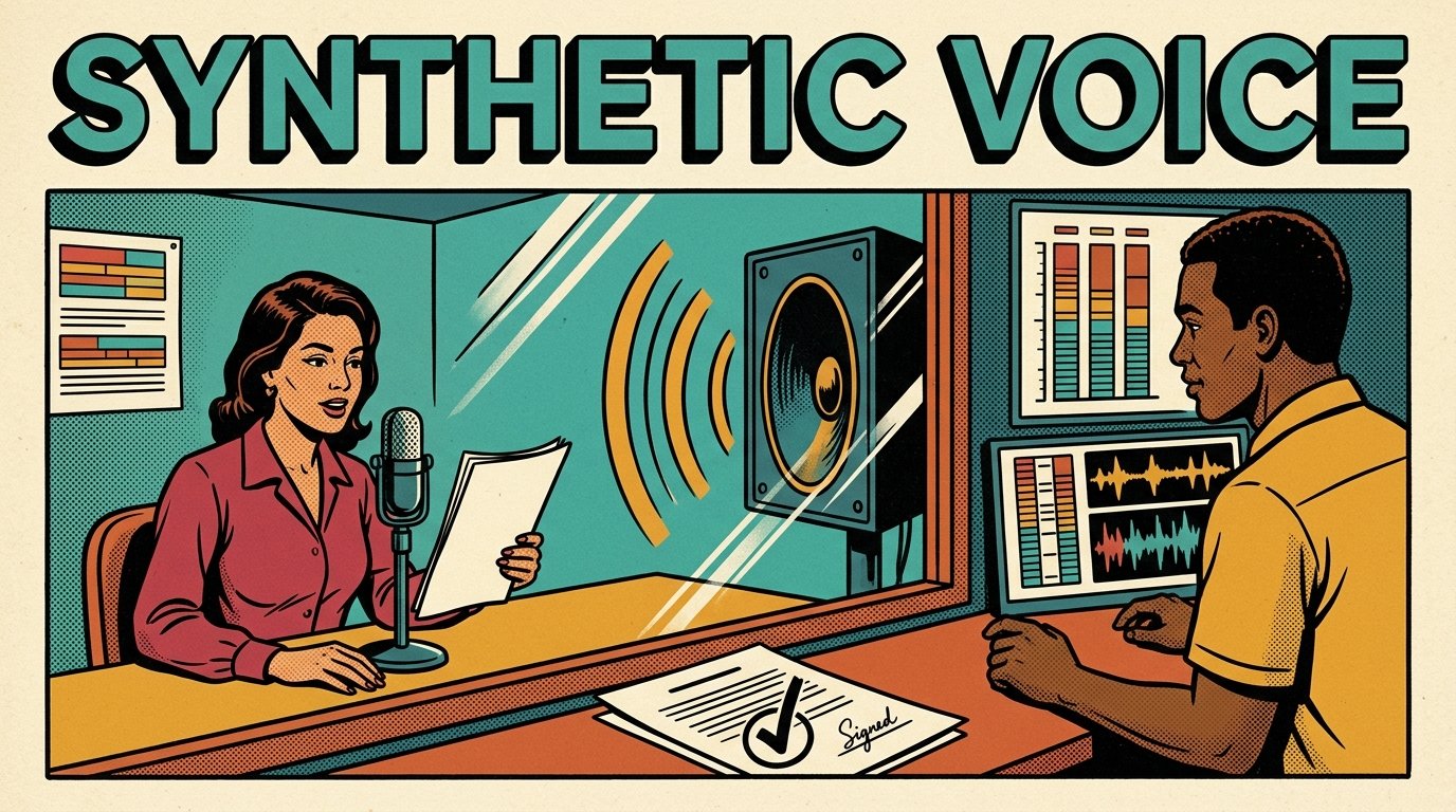 A 1960s mid-century comic book style editorial illustration showing a narrator reading into a microphone in a booth, a loudspeaker producing matching sound waves beyond a glass window, and a stamped permission form on the table between them as a technician checks a level meter.