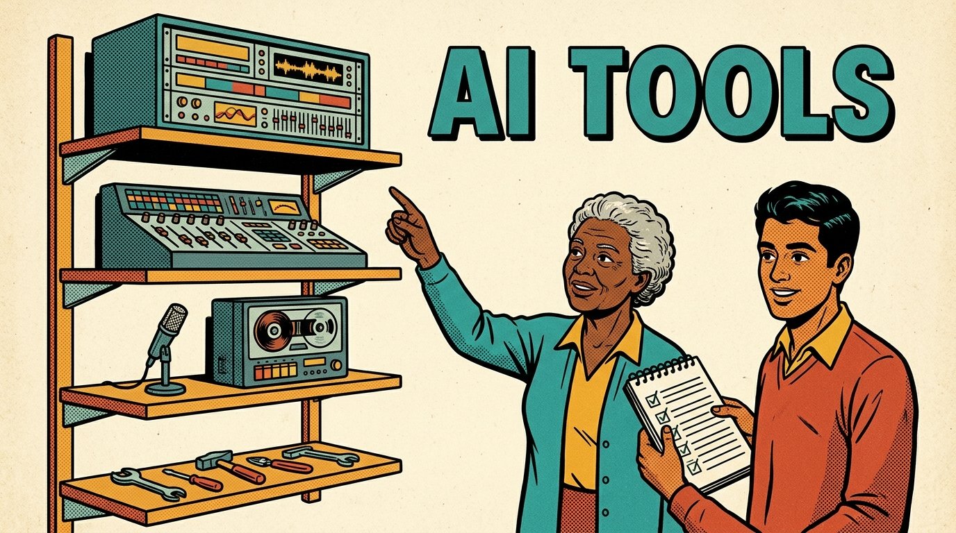 A 1960s mid-century comic book style editorial illustration showing two people in a workshop in front of a four-tier shelf of creative equipment, from simple hand tools at the bottom to a large studio rack at the top, one pointing and one holding a checklist.