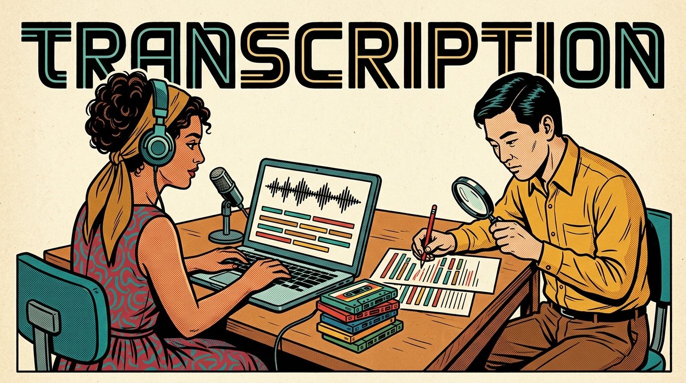 A 1960s mid-century comic book style editorial illustration showing a person with headphones at a laptop where a speech waveform becomes lines of caption bars, while a colleague proofreads the lines with a red pencil and magnifying glass.