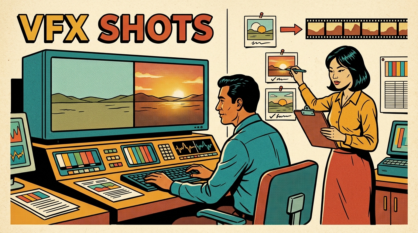A 1960s mid-century comic book style editorial illustration showing a compositor at a split screen where a plain landscape becomes the same shot lit by evening light, with three pinned reference frames joined by an arrow to a long film strip while a colleague checks with a clipboard.