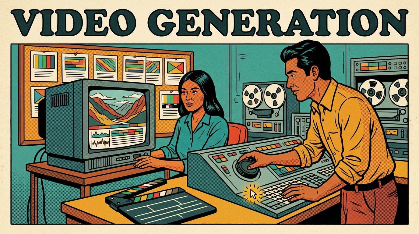 A 1960s mid-century comic book style editorial illustration showing a director at a monitor with a generated mountain valley clip, storyboard cards behind and a clapperboard in front, while a colleague steps through the clip frame by frame on a jog wheel.
