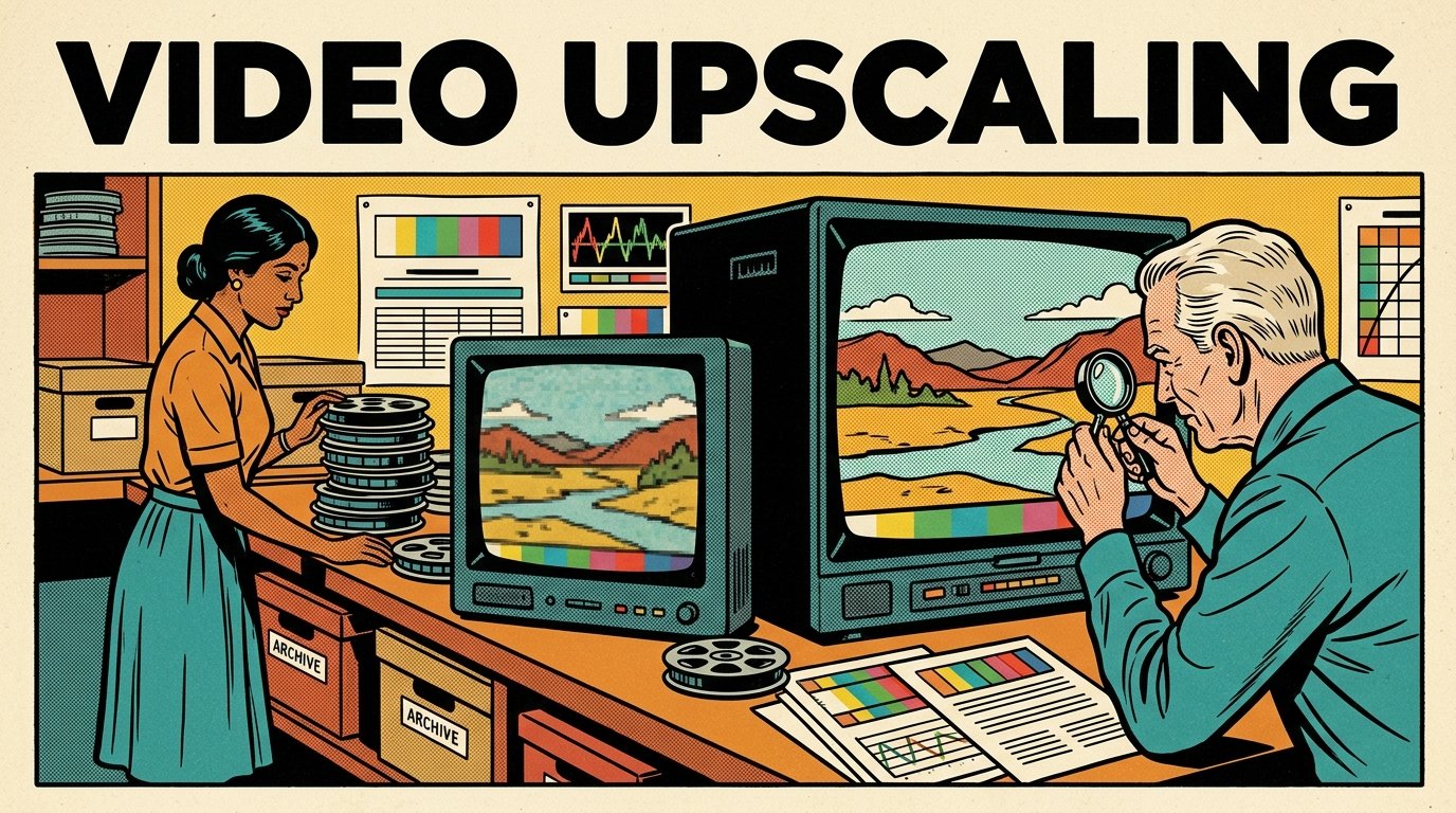 A 1960s mid-century comic book style editorial illustration showing an archivist at a bench of film reels beside two monitors, one with a blurry landscape and one with the same view crisp, while a colleague checks the sharper screen with a loupe.