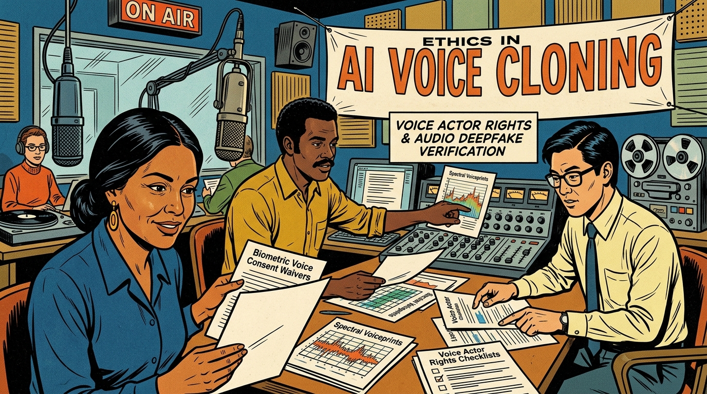 A 1960s mid-century comic book style editorial illustration depicting voice talent and audio engineers reviewing biometric voice cloning consent waivers and spectral voiceprints.