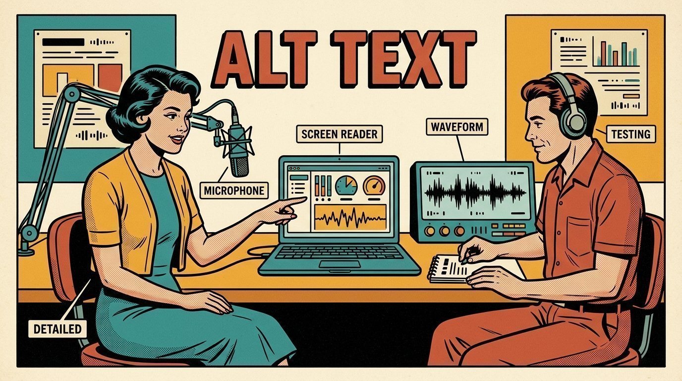 A 1960s mid-century comic book style editorial illustration showing an accessibility specialist and a colleague testing with a screen reader, with a screen reader running on a laptop, an audio waveform display, a studio microphone on a boom arm visible in the frame.