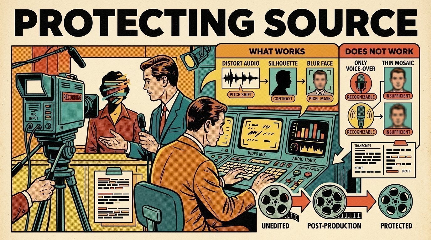 A 1960s mid-century comic book style editorial illustration showing a broadcast journalist and a producer in a newsroom, with a transcript panel, a camera on a tripod visible in the frame.