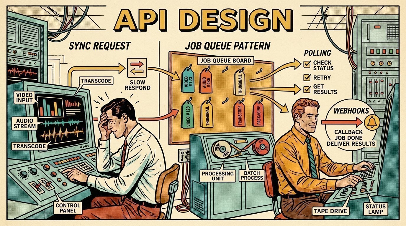 A 1960s mid-century comic book style editorial illustration showing two engineers at terminals in a machine room, with a job queue board visible in the frame.