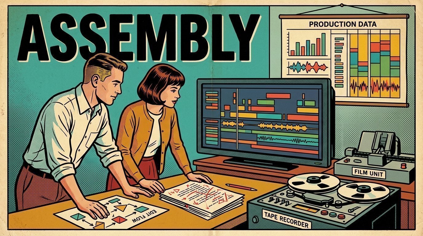 A 1960s mid-century comic book style editorial illustration showing a video editor and a director reviewing the cut together, with an edit timeline on a large screen, a marked-up script on the desk visible in the frame.