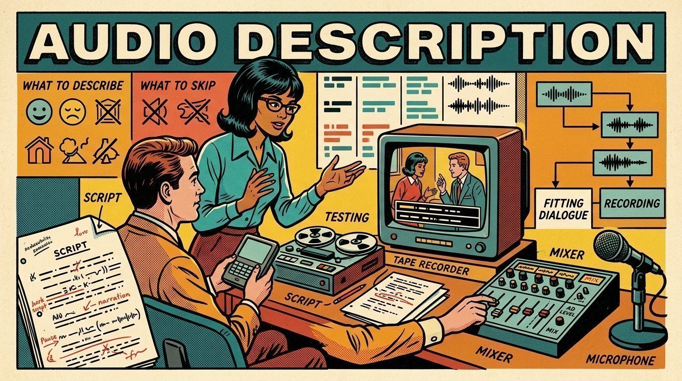 A 1960s mid-century comic book style editorial illustration showing an accessibility specialist and a colleague testing with a screen reader, with caption bars beneath a picture, a transcript panel, a marked-up script on the desk visible in the frame.