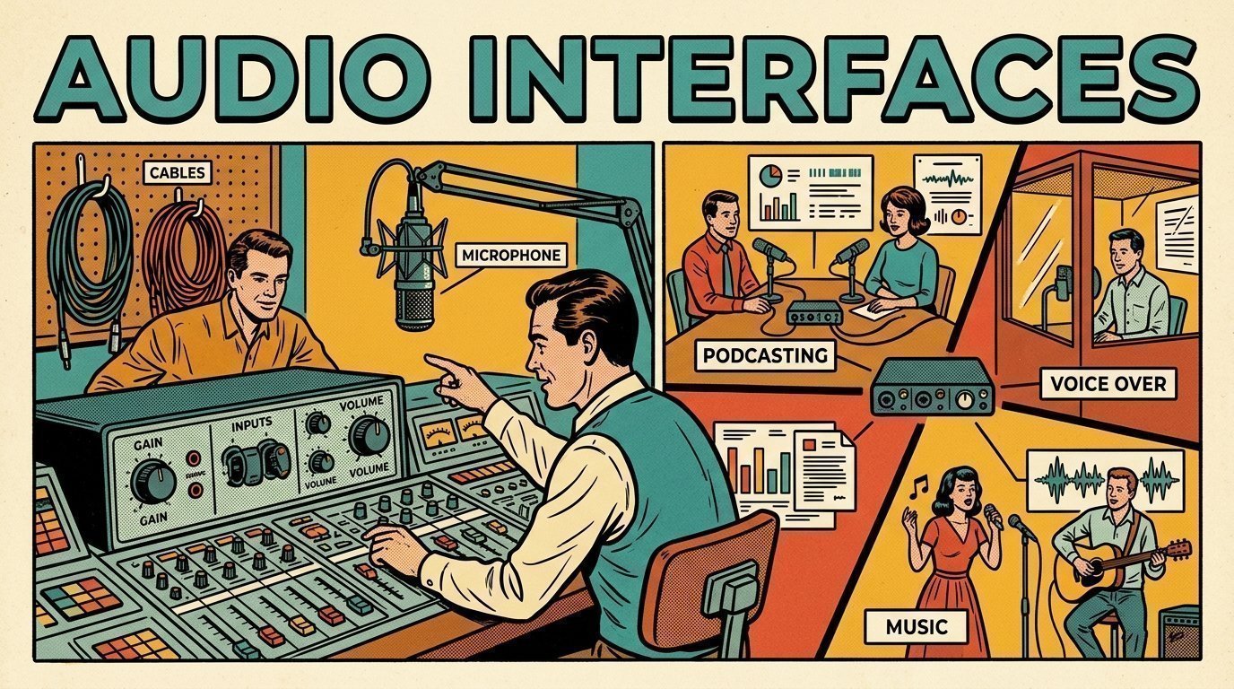A 1960s mid-century comic book style editorial illustration showing two audio engineers at a mixing desk, with an audio interface with gain knobs, a studio microphone on a boom arm, coiled cables on a hook visible in the frame.