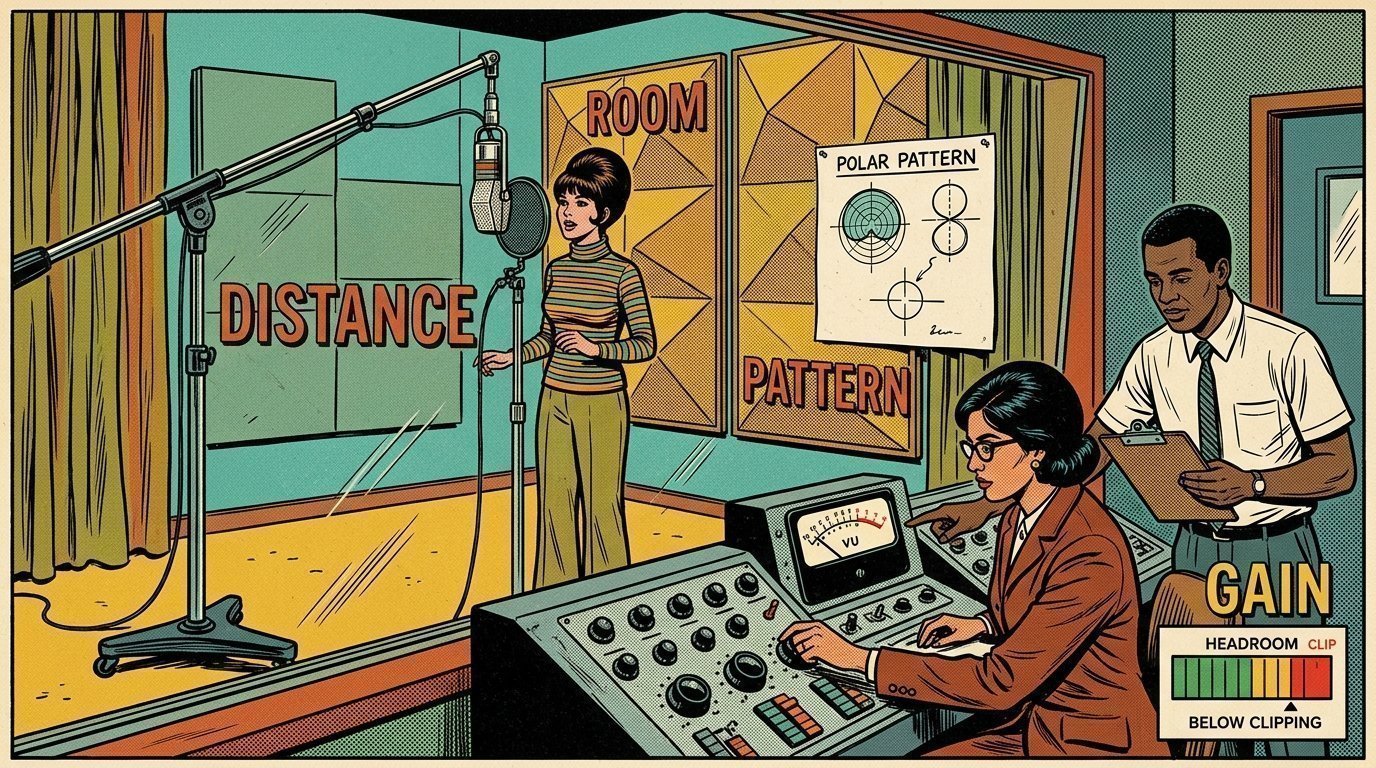 A 1960s mid-century comic book style editorial illustration of recording engineers setting microphone distance, polar pattern and gain headroom in an acoustically treated room.