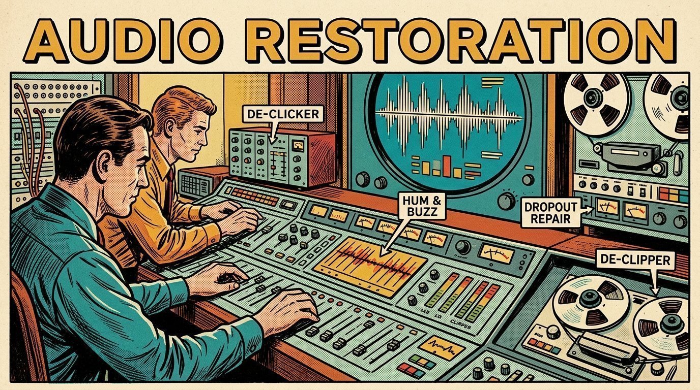 A 1960s mid-century comic book style editorial illustration showing two audio engineers at a mixing desk, with an audio waveform display visible in the frame.