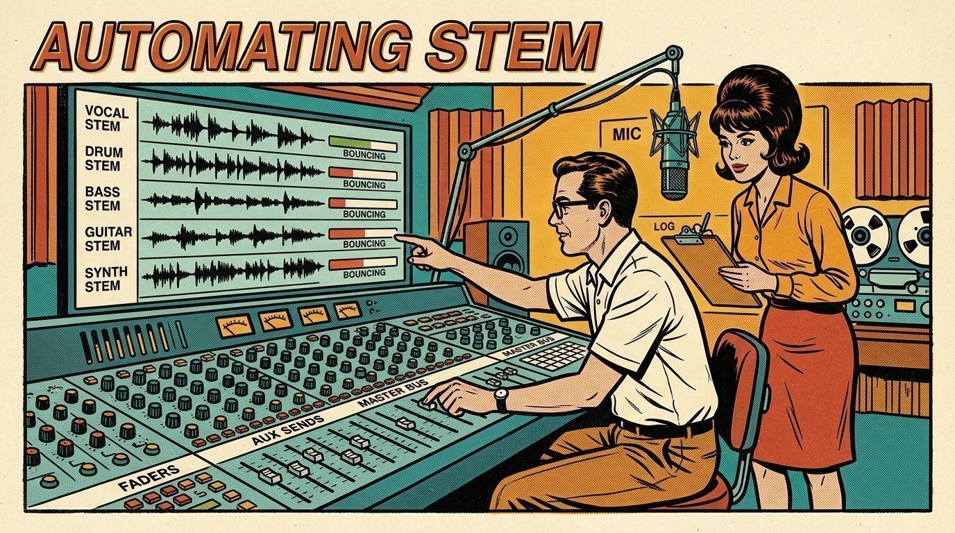 A 1960s mid-century comic book style editorial illustration showing two audio engineers at a mixing desk, with a mixing desk, a studio microphone on a boom arm, an audio waveform display visible in the frame.