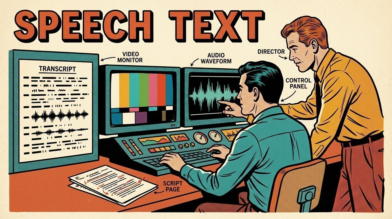 A 1960s mid-century comic book style editorial illustration showing a video editor and a director reviewing the cut together, with a transcript panel, a marked-up script on the desk, an audio waveform display visible in the frame.